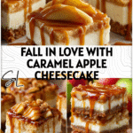 Golden Caramel Apple Cheesecake Bars with caramel drizzle and creamy cheesecake layers on a rustic plate.